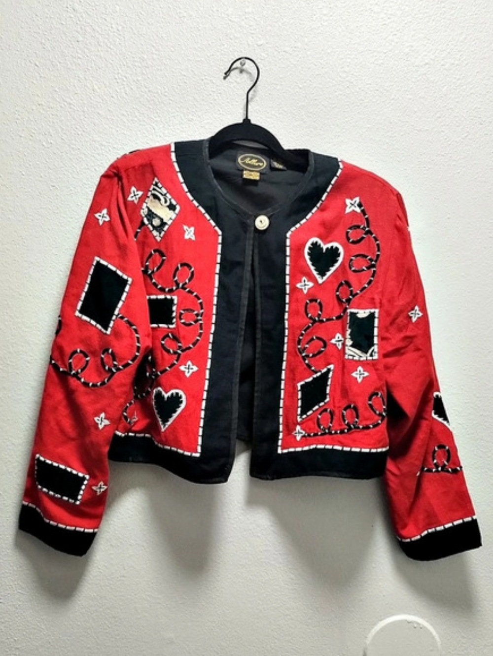Allure Vintage Embellished Cropped Patchwork Jacket in Red & Black Size Medium